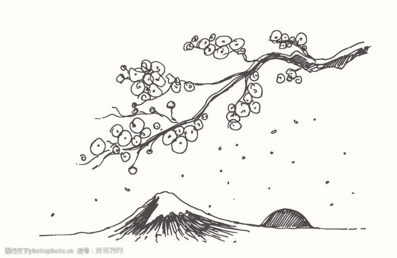 水彩花卉手绘富士山插画