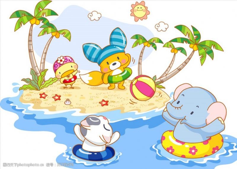 户外探险卡通动物系列海滩度假