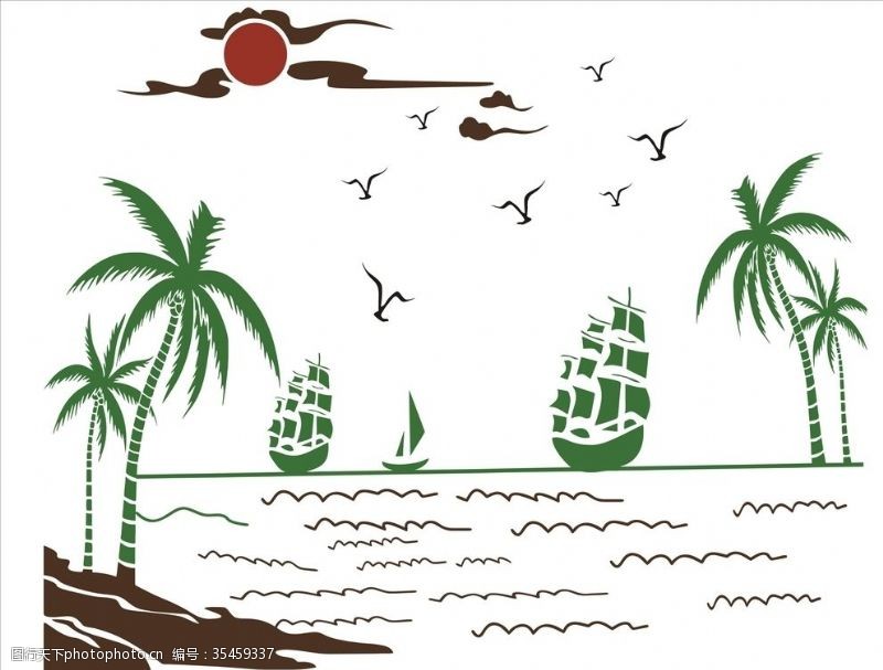 花草模型椰子树帆船太阳