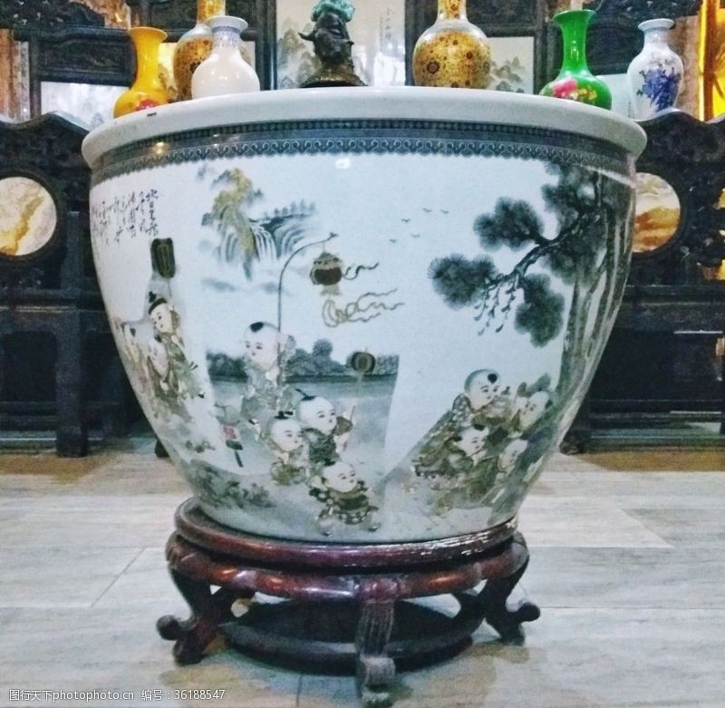 陶瓷水缸水缸中式鱼缸陶瓷木托架