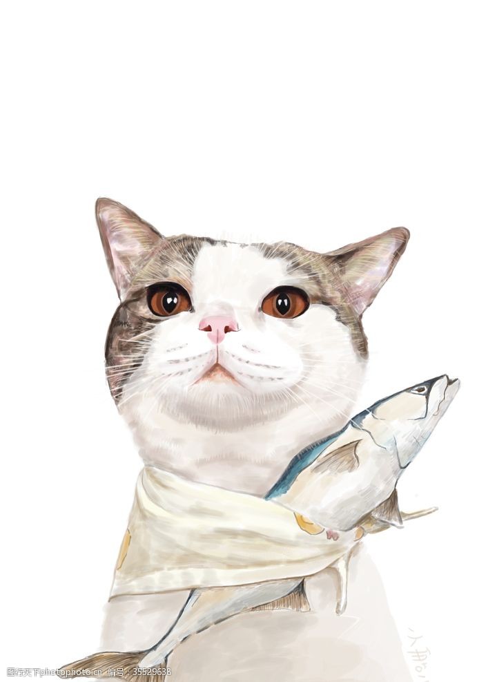 宠物卡片水彩萌宠猫咪与鱼
