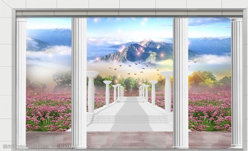 3d浮雕花朵仙境背景墙