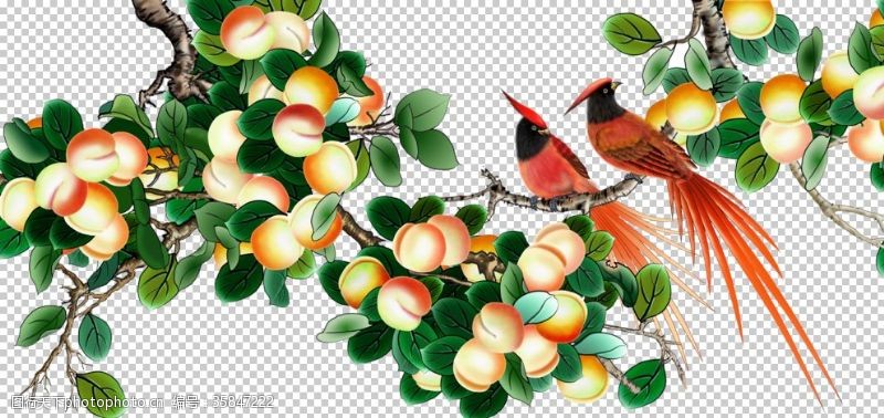 国内广告设计桃子树小鸟工笔素材