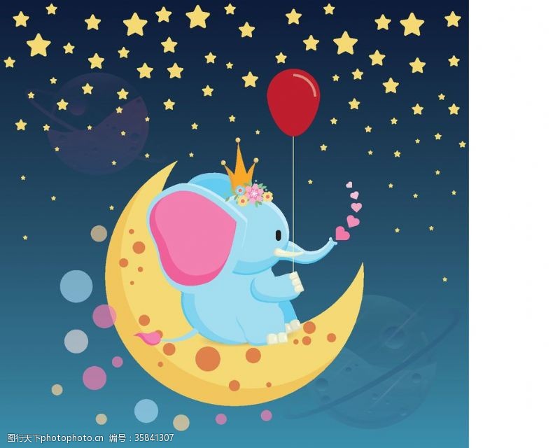 可爱的小象星空下坐在月亮上的小象宝宝