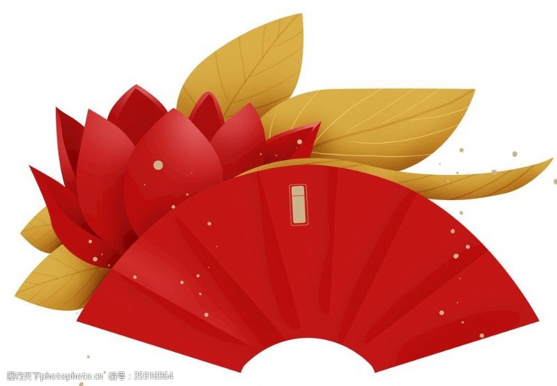 红色包装箱春节折扇荷花透明装饰素材