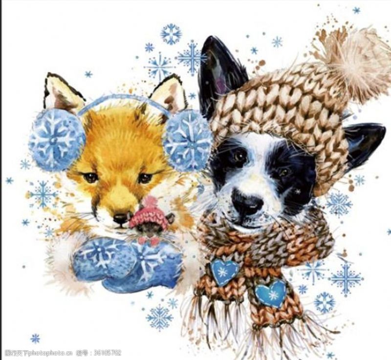 狗狐狸手绘围巾毛球雪