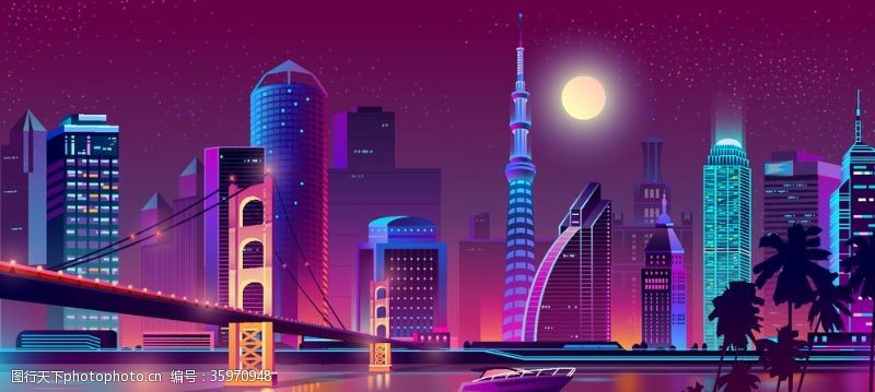 卡通月亮船城市夜景