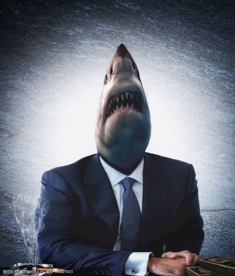 商业插画作为鲨鱼的贪婪的商人