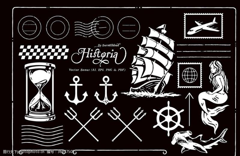 复古邮戳手绘黑白航行海洋邮票