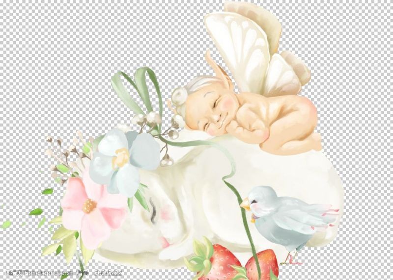 治愈系手绘小白兔和婴儿天使