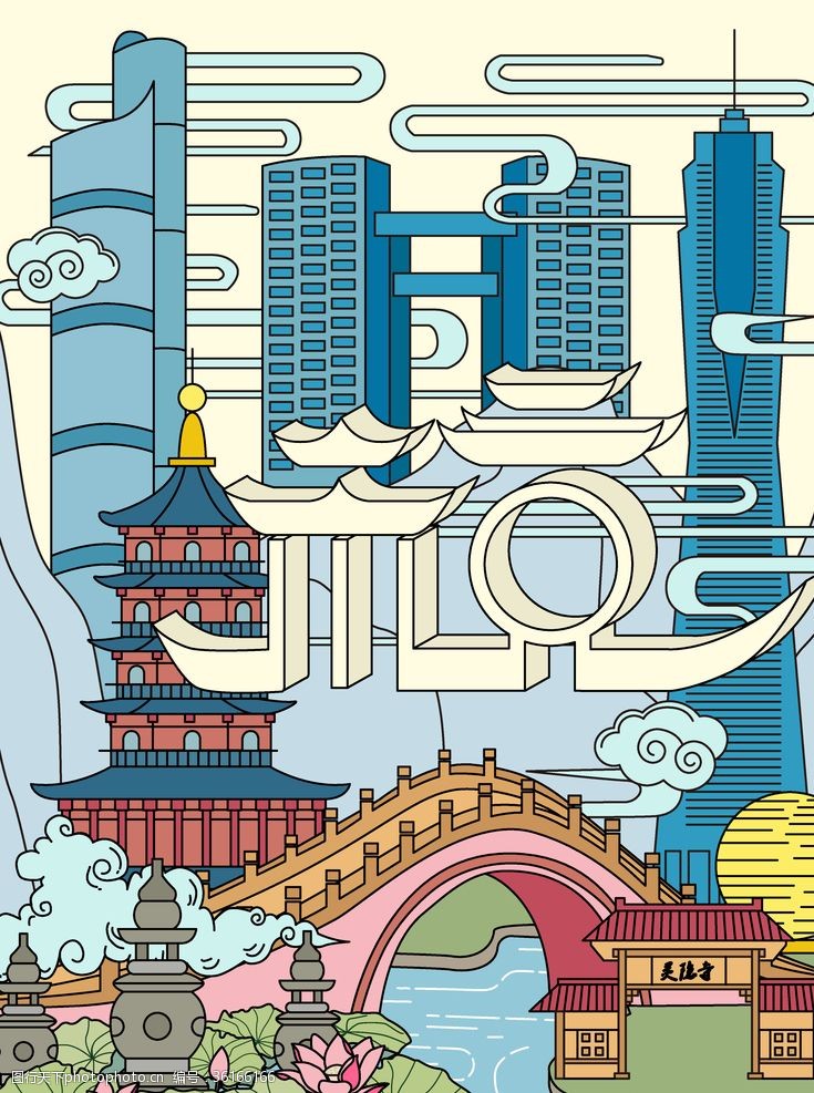 杭州西湖形象杭州城市地标插画图