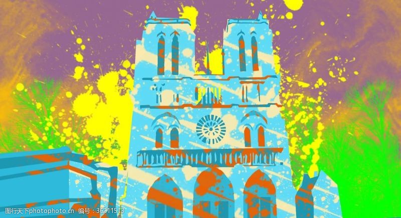 油画教堂巴黎圣母院水彩画油画