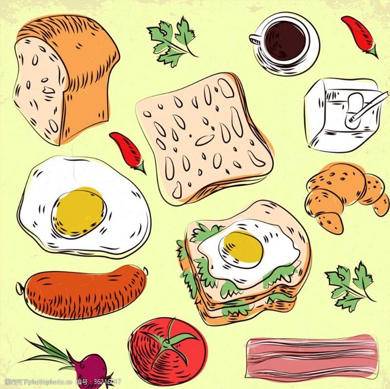 生鸡蛋咖啡彩绘早餐食物