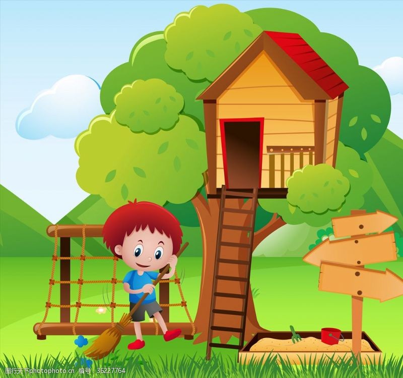 公园景观卡通儿童和树屋