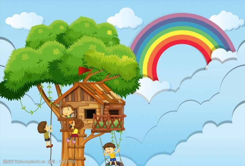 公园景观卡通儿童和树屋