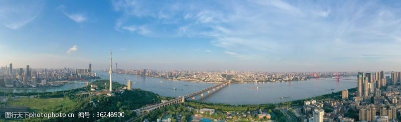 高空俯拍蓝天白云下城市江景大桥全景长图
