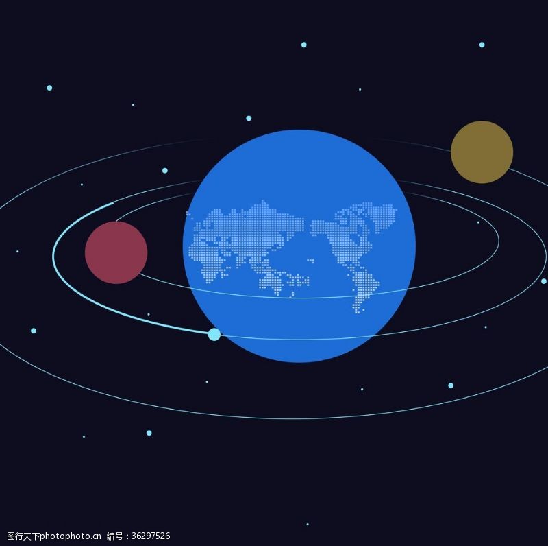 旋转星轨扁平卡通行星围绕地球转动