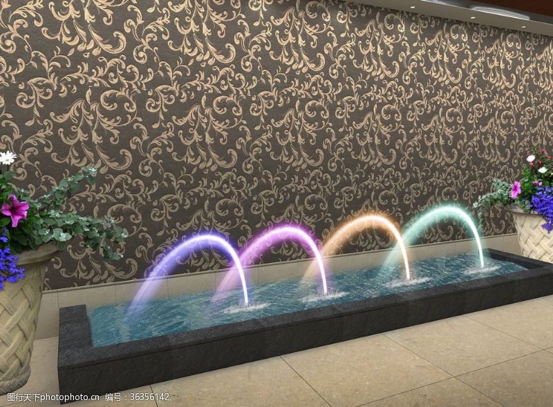 喷泉灯光走廊处喷泉水景灯光后期效果图