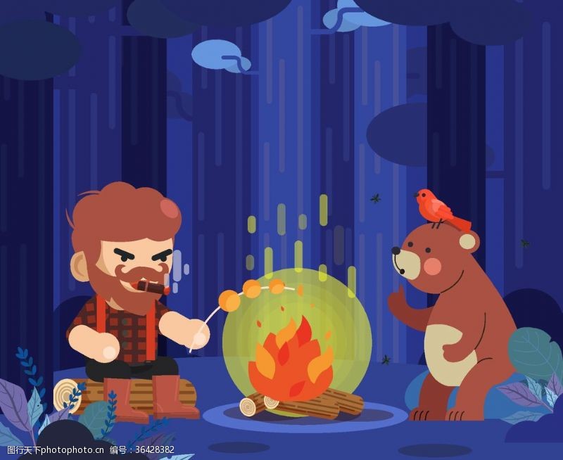 木头创意树林里烤火的男子和棕熊