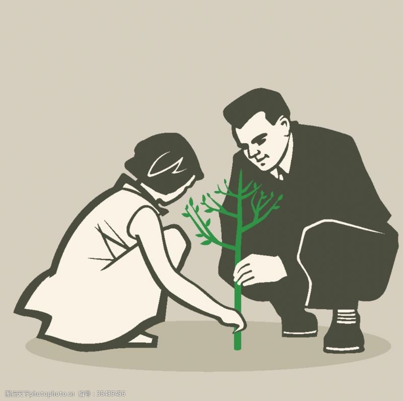 亲情教育父女一起种树植树节卡通素材