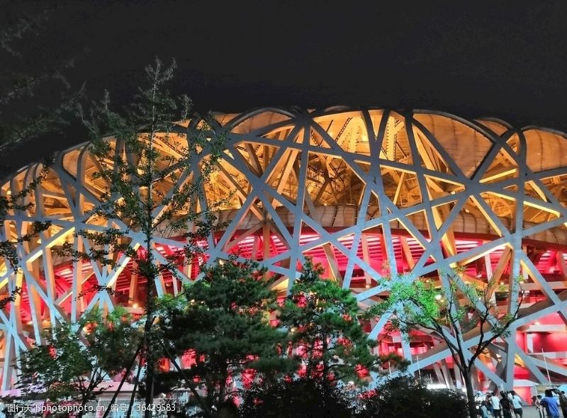奥运会建筑夜晚灯火辉煌的鸟巢体育馆
