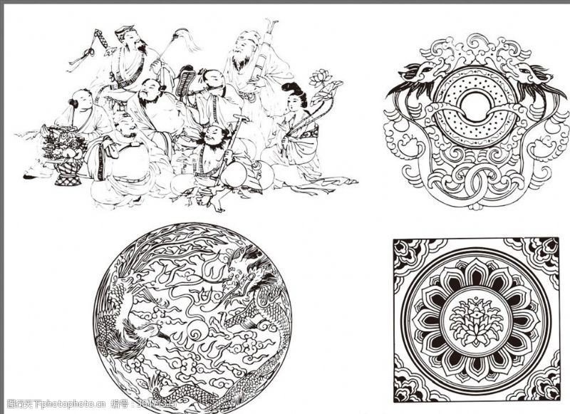 古典装饰画八仙过海龙纹传统图案