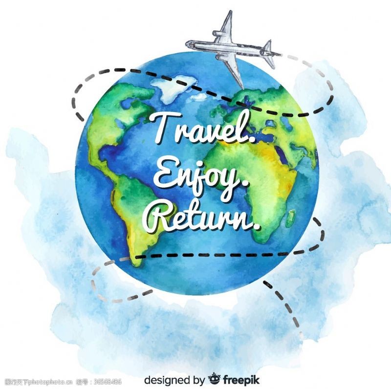 彩球水彩绘环球旅行飞机
