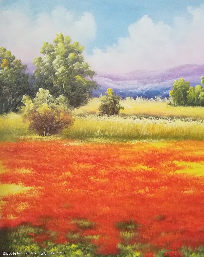 红色薰衣草风景油画