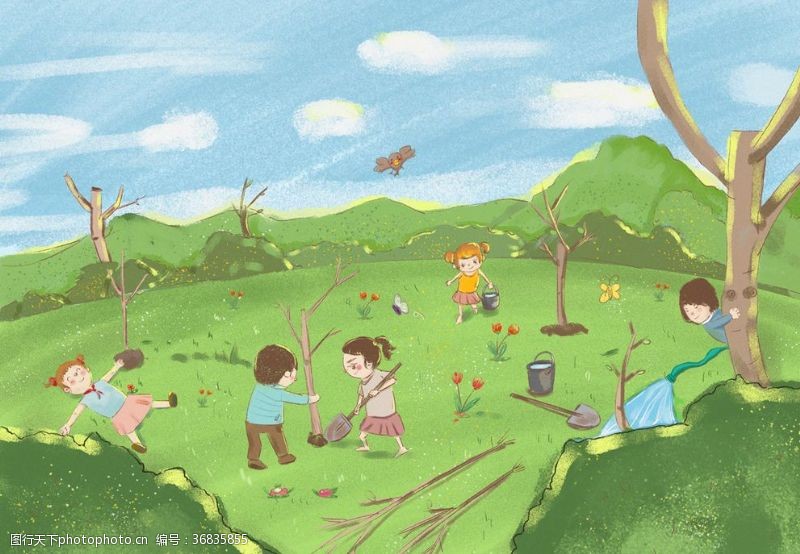 儿童节易拉宝手绘儿童植树节插画