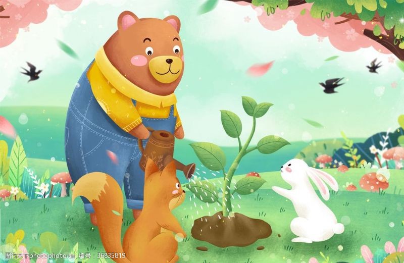 公益植树节手绘松鼠小熊兔子插画