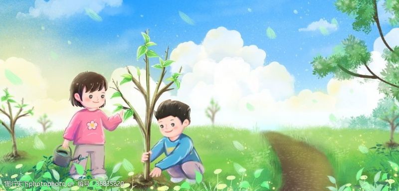 绿植标语手绘儿童植树节插画