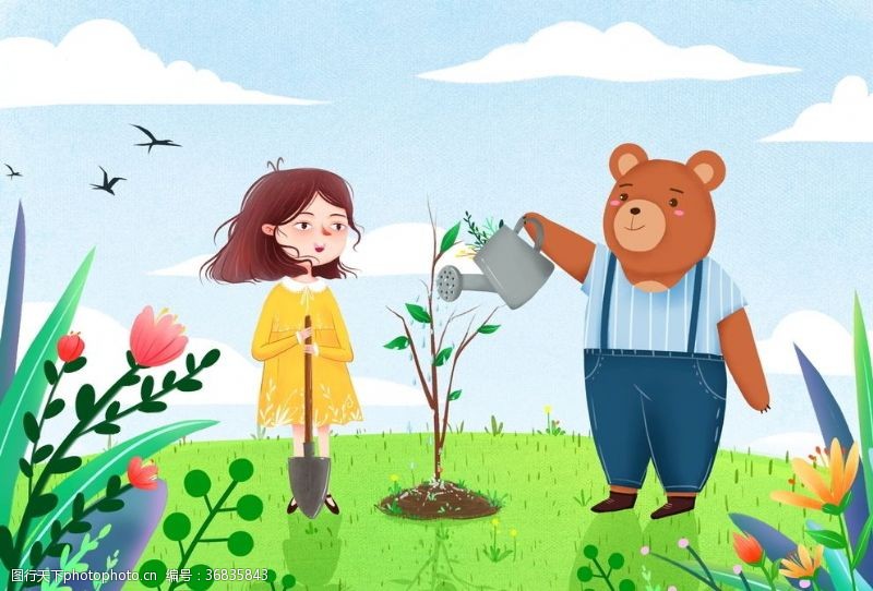 手绘豌豆插画手绘女孩和小熊给树浇水插画