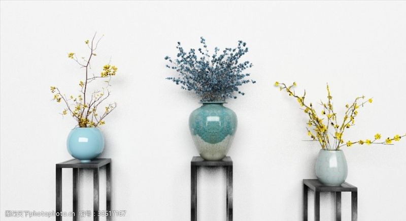 3d模型三款漂亮的花瓶植物