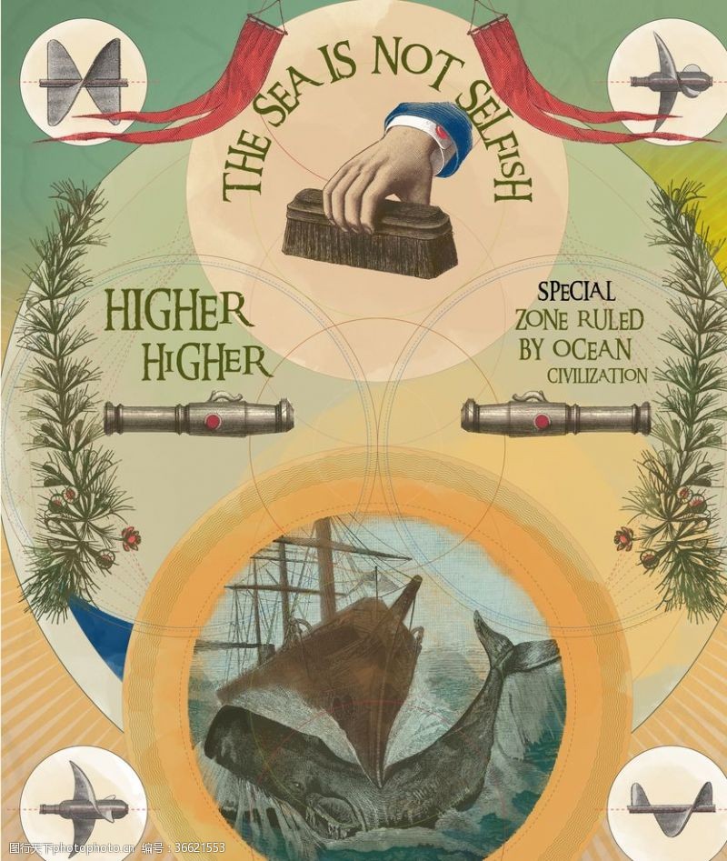帆船大海油画航海浪鲸鱼探险帆船复古圆形插图