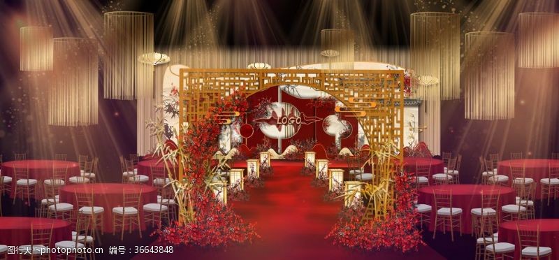 新中式路引新中式婚礼红金色婚礼效果图