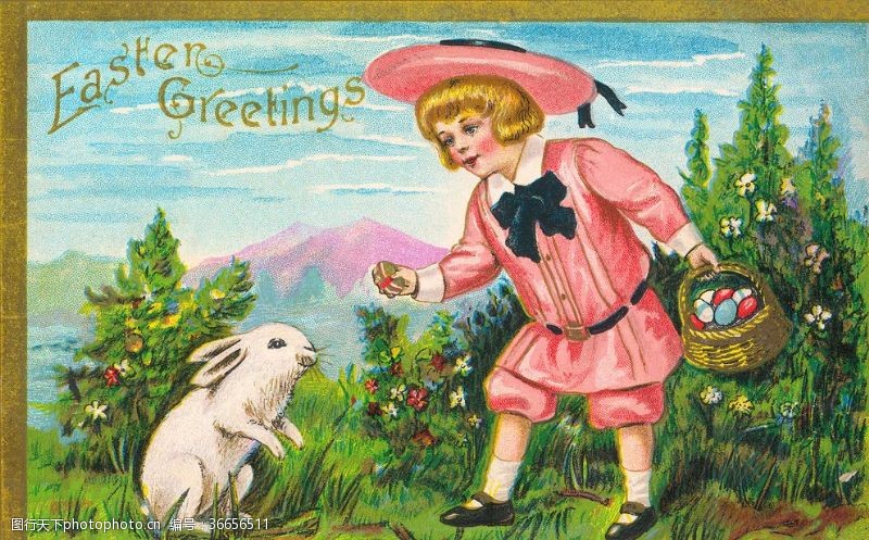 圣诞美女小女孩与兔子油画