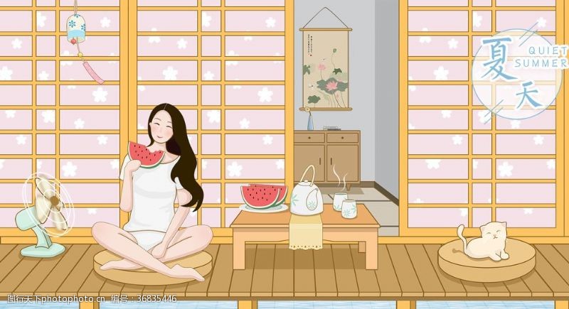 坐着的女人坐着吃西瓜的女孩插画