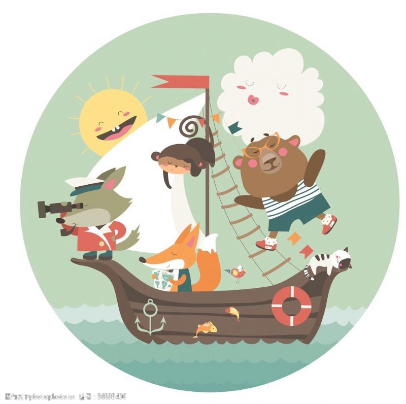 儿童海盗船海盗船北欧森系动物插画