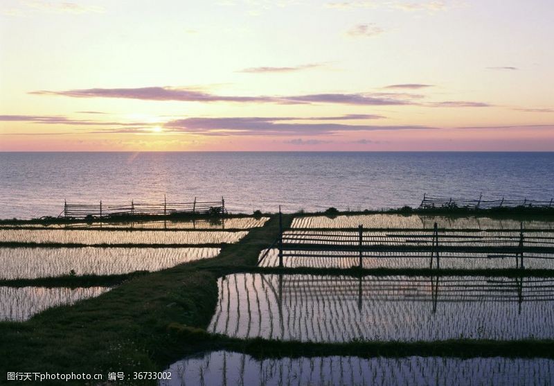 大海黄昏日落美景围湖造田湖