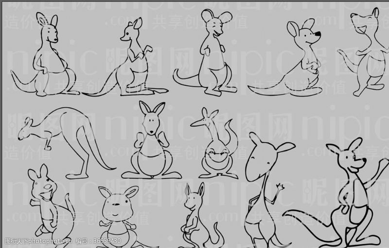 动物素描袋鼠卡通
