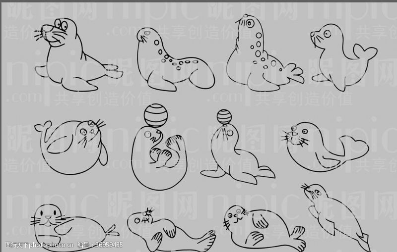 动物素描海豹卡通