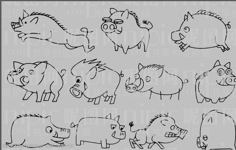 动物素描野猪卡通