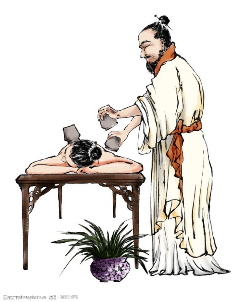 古代人物古代中医人物针灸拔罐手绘插画