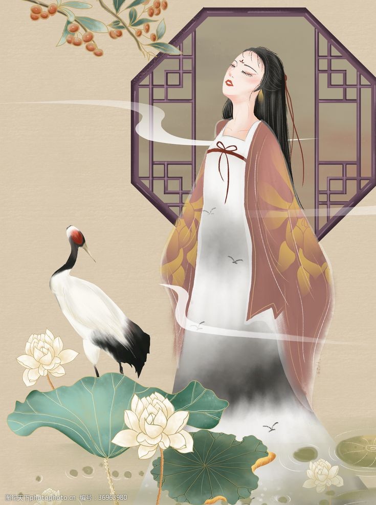 古代人物国潮中国风女子仙鹤插画