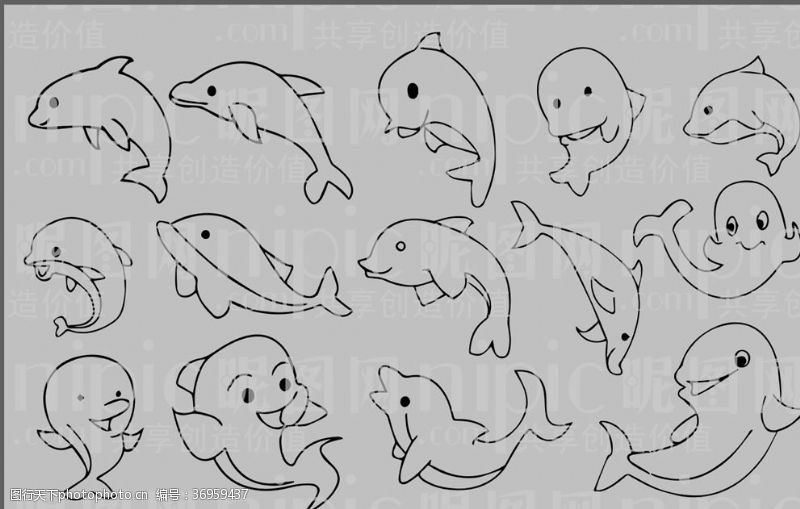 线描动物海豚卡通