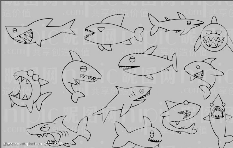 线描动物鲨鱼卡通