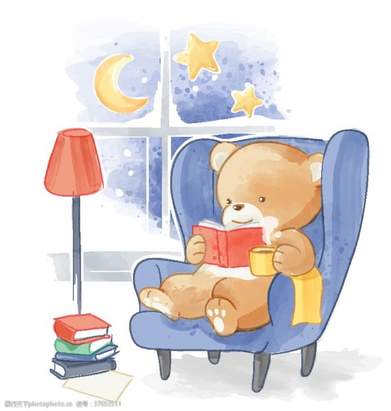 看月亮卡通沙发上看书的熊