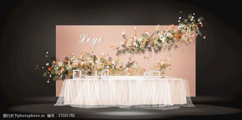 竹节椅粉橘色蔷薇花婚礼设计