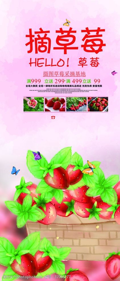 绿色水果摘草莓展架海报