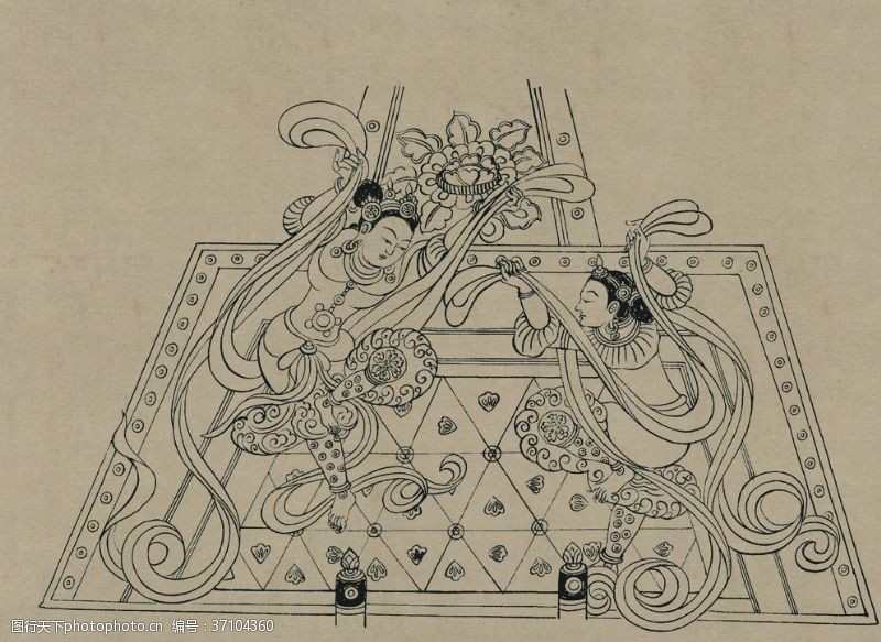 图书馆装饰画敦煌佛教绘画线稿图